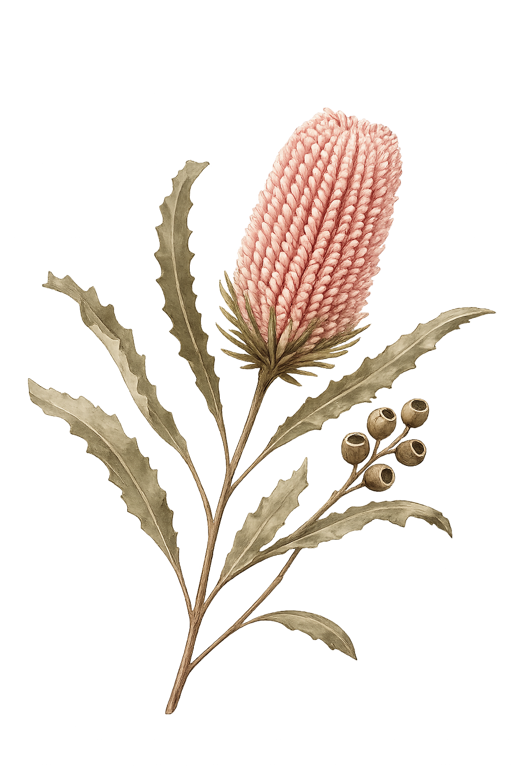 A botanical illustration of a plant with a pink, cone-shaped flower head, elongated serrated leaves, and small round seed pods. Documenting living archives through digital mediums.