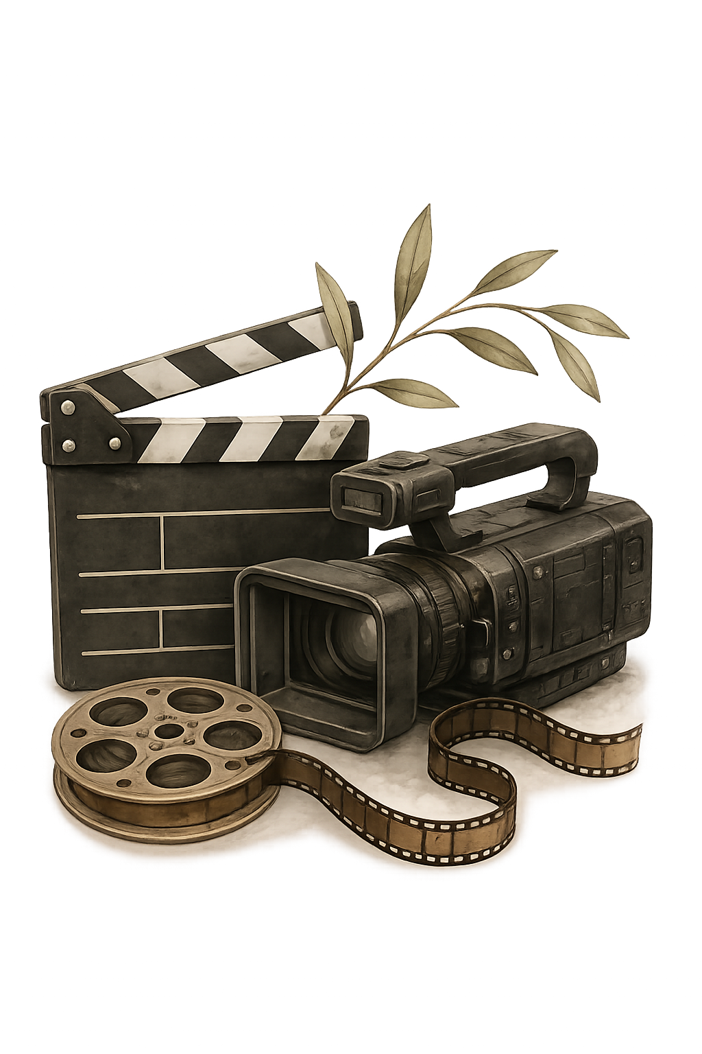 Film production equipment including a clapperboard, a vintage movie camera, a film reel, and a strip of film with a decorative branch in the background. Documenting living archives through digital mediums.