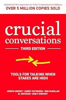Cover of the third edition of the book 'Crucial Conversations' with a red background, yellow arrow graphic, and text about tools for high-stakes talking.
