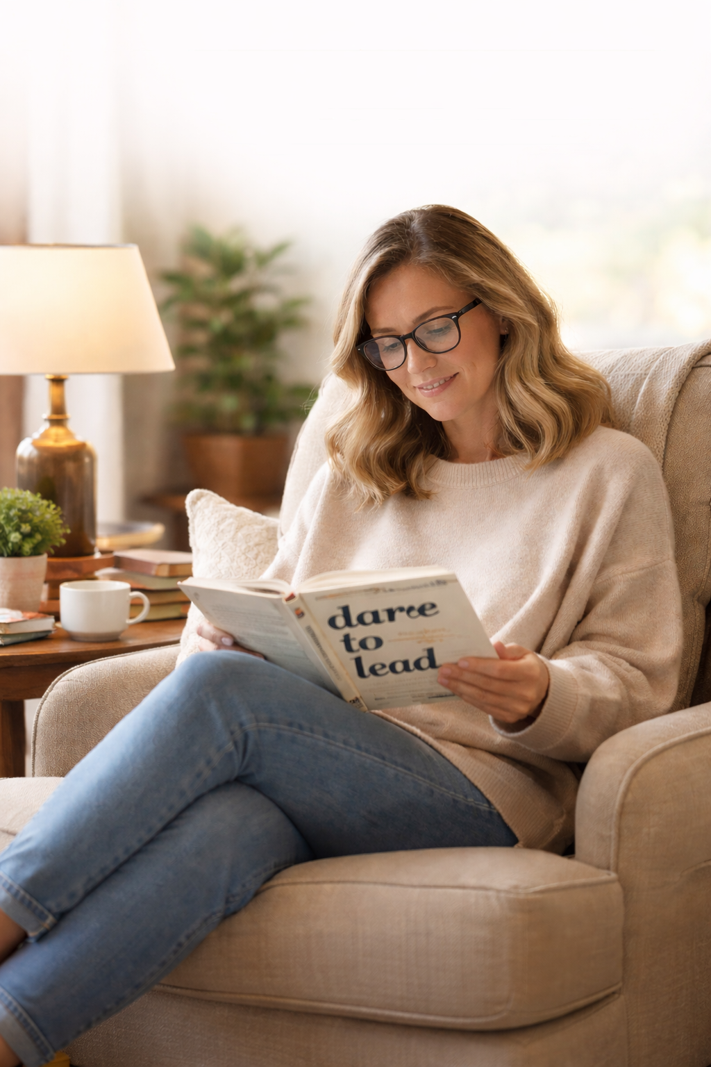 A woman with glasses reading a book titled 'dare to lead' in a cozy living room with a lamp, plants, and a cup on a side table.