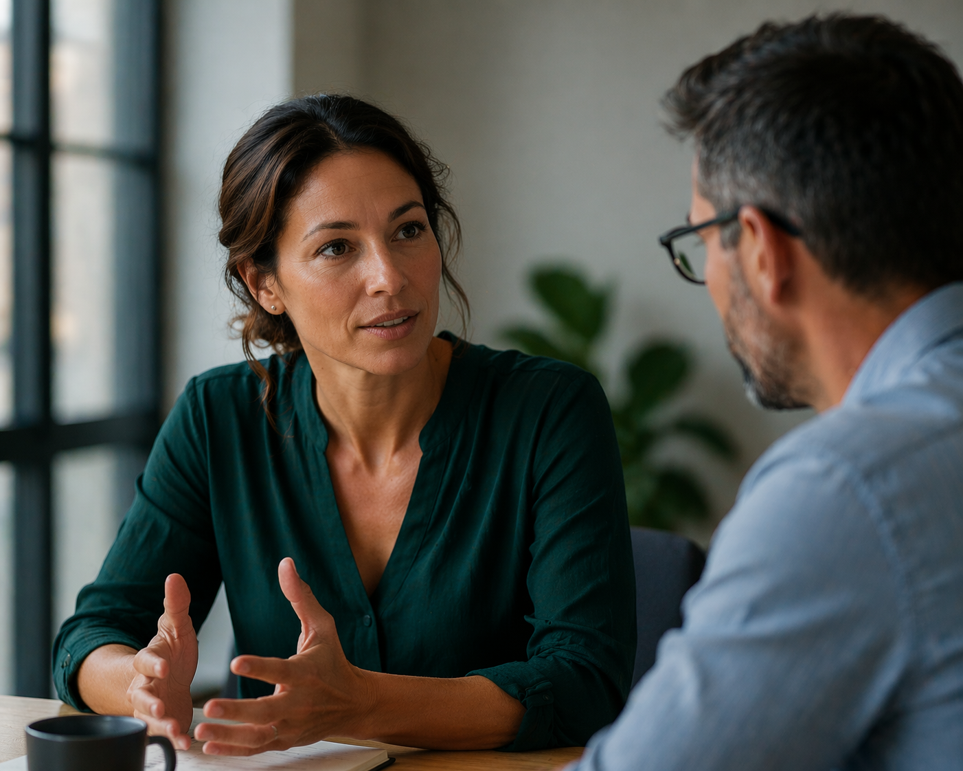 A woman and a man having a serious conversation indoors, sitting at a table.