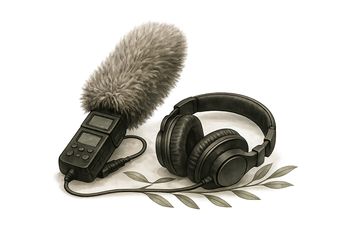 Audio recording equipment including a microphone with a furry windscreen, a pair of over-ear headphones, and an audio interface with a screen, all placed on a surface with leaf patterns. Documenting living ar