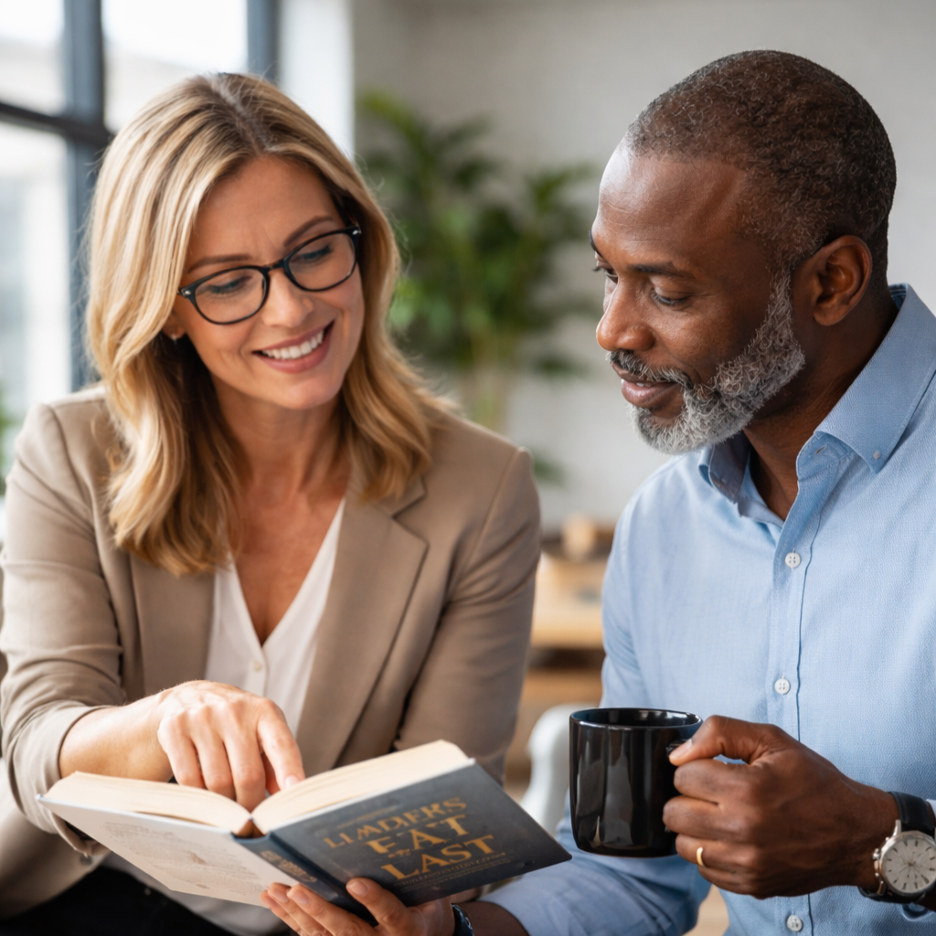A woman and a man sitting together, looking at a book titled "Leaders Eat Last." The woman is pointing at the book and smiling, while the man holds a coffee mug and listens attentively.