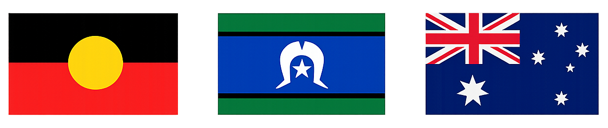 Three flags: Aboriginal Flag, Torres Strait Islander Flag and Australian Flag