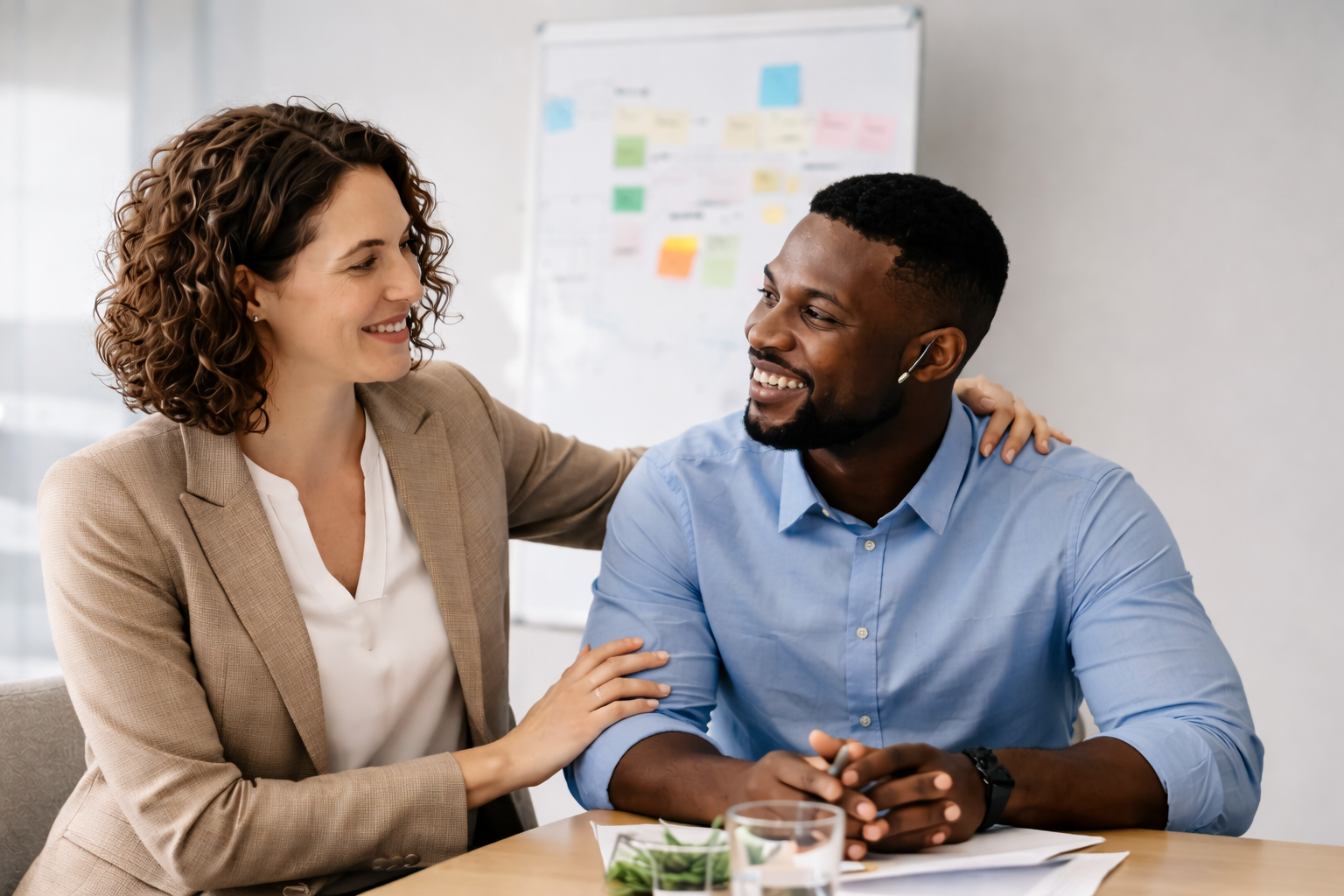 A woman and a man are smiling and talking in an office. The woman has curly brown hair and is wearing a beige blazer. The man has short black hair, a beard, and is wearing a light blue shirt. The woman has her hand on the man's shoulder.