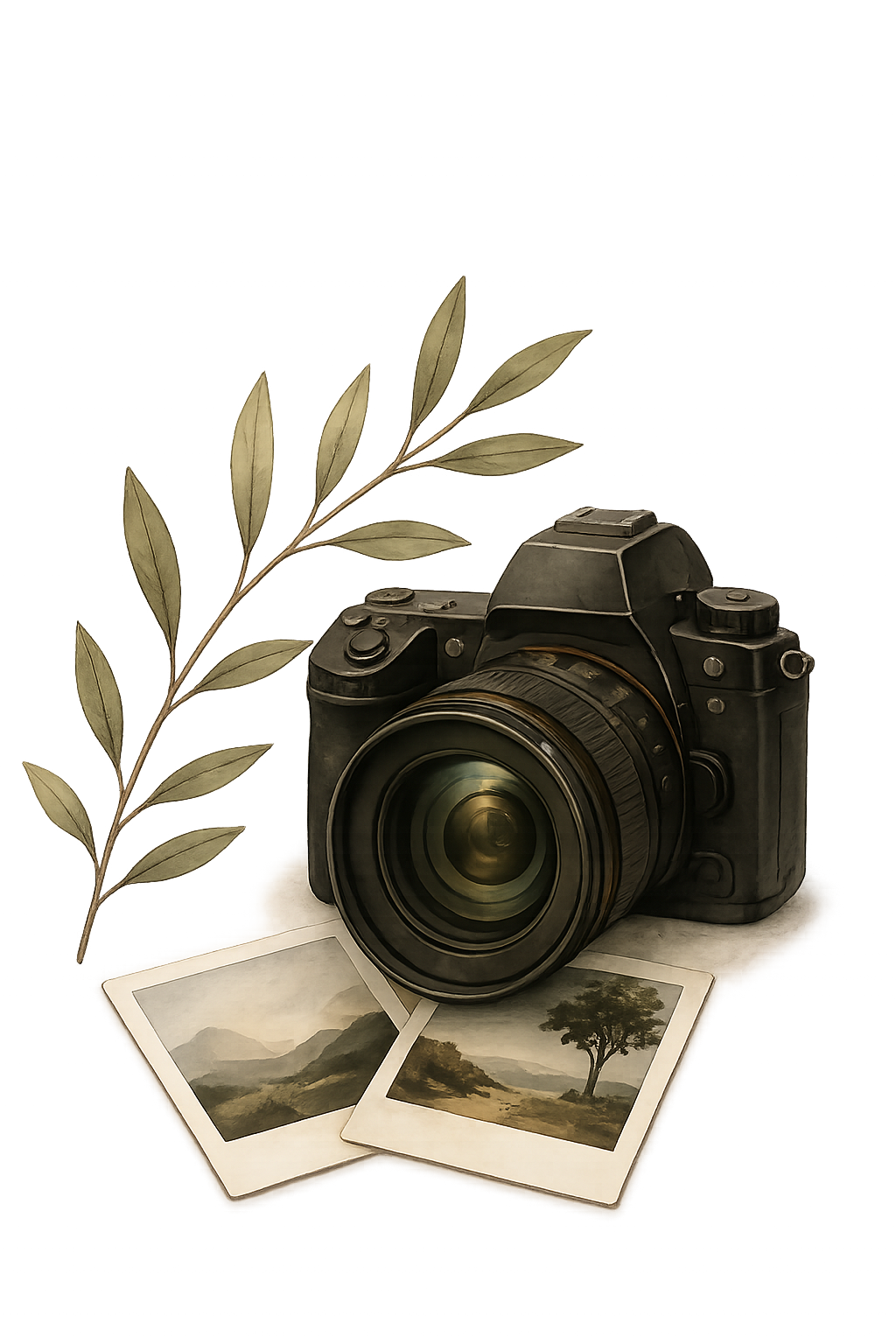 Vintage camera on a beige surface with two landscape photographs, a leafy branch, and a dark background with blue lighting. Documenting living archives through digital mediums.