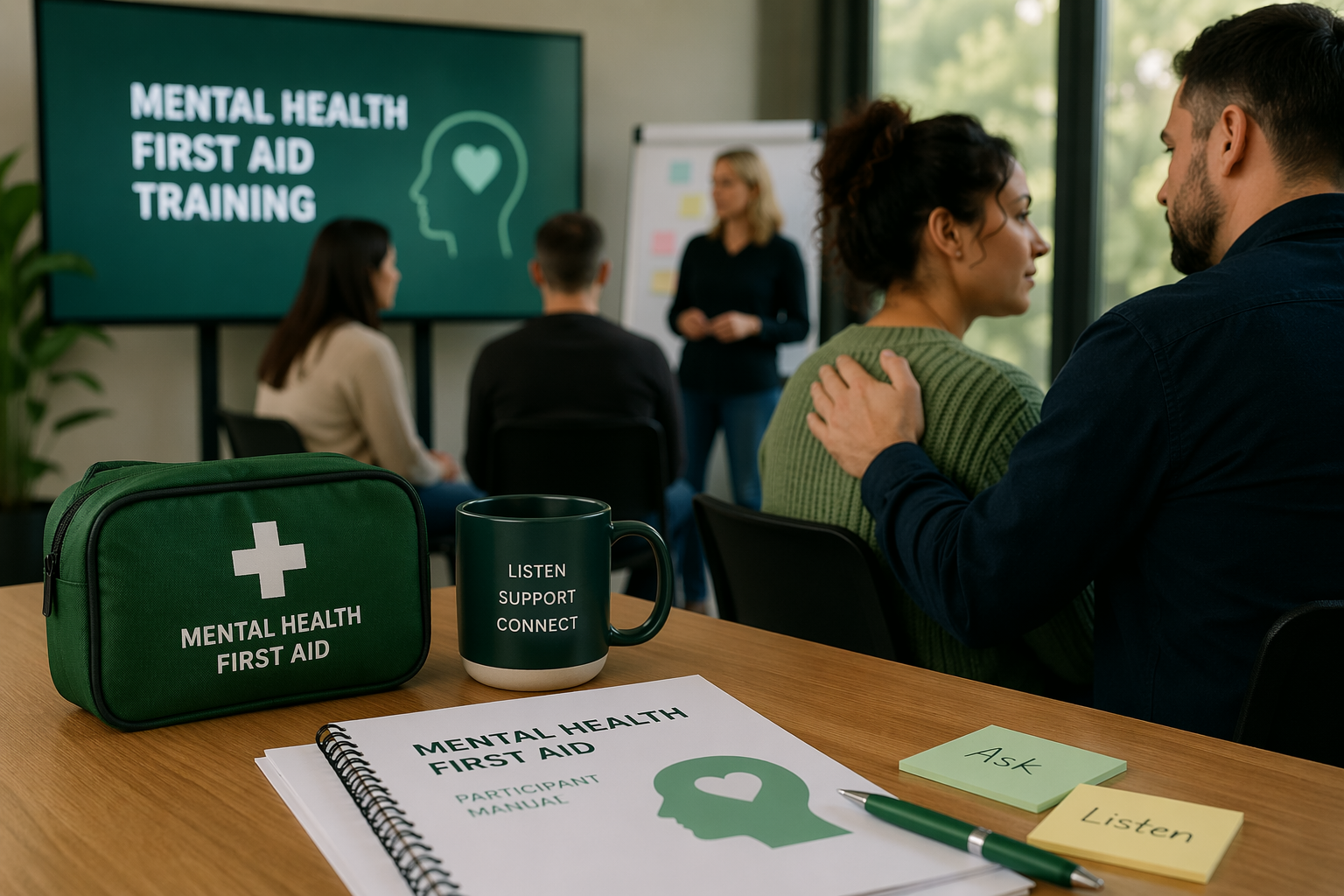 People attending a mental health first aid training session in a conference room with a presenter and presentation materials, including a booklet, sticky notes, a pen, and a first aid kit on a table.