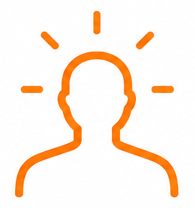 Outline of a person with a lightbulb-shaped head and lines radiating outward, symbolizing an idea or inspiration.