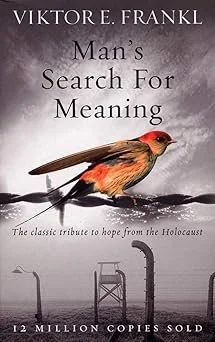 Book cover of Viktor E. Frankl's 'Man's Search for Meaning' featuring a bird perched on a wire against a cloudy sky with a factory below.