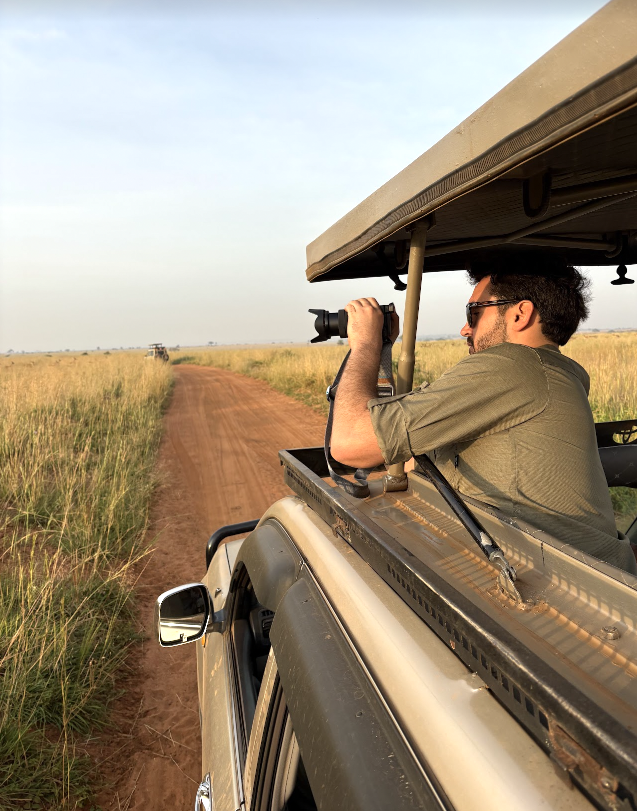 Man in sunglasses sitting in a safari vehicle using binoculars to observe wildlife on a dirt road through a grassland savanna.