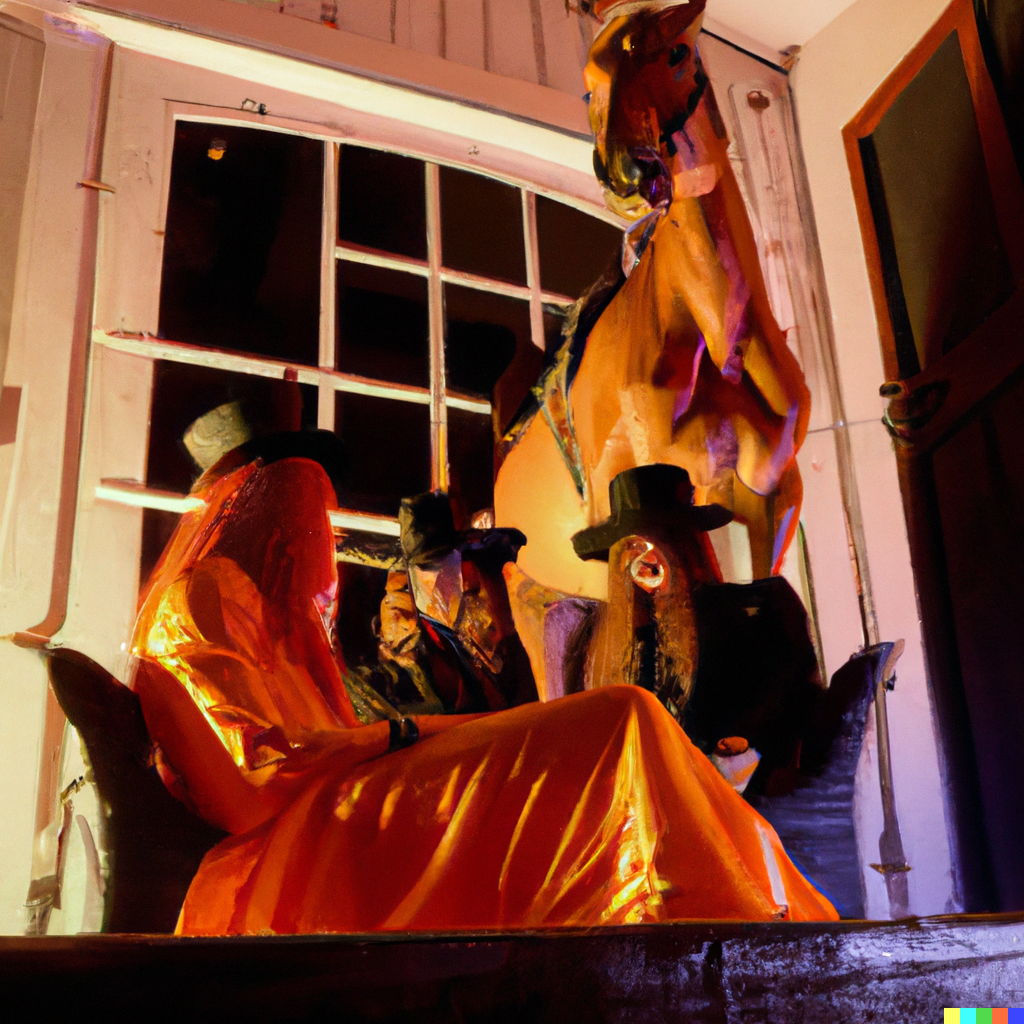 DALL·E 2023-01-28 19.28.25 - 3 men with big dresses and long hair and black hat sitting on the stage of a country house, and an orange horse at night, clubkids, realistic photo 4k.png