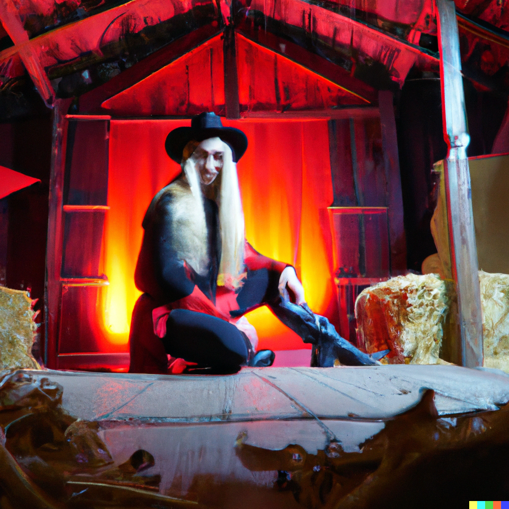 DALL·E 2023-01-28 19.25.11 - man in big red dress and long blond hair and black hat sitting on the stage of a country shed, at night, clubkids, realistic photo 4k.png