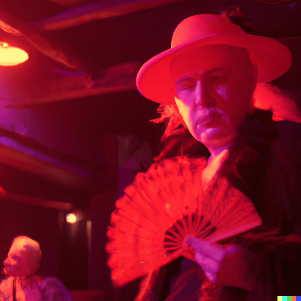 DALL·E 2023-01-28 19.36.59 - old man in a red dress and black hat with a fan in his hand in a queer nightclub at night, 4k photo.png