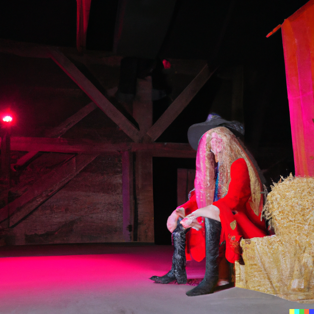 DALL·E 2023-01-28 19.25.15 - man in big red dress and long blond hair and black hat sitting on the stage of a country shed, at night, clubkids, realistic photo 4k.png