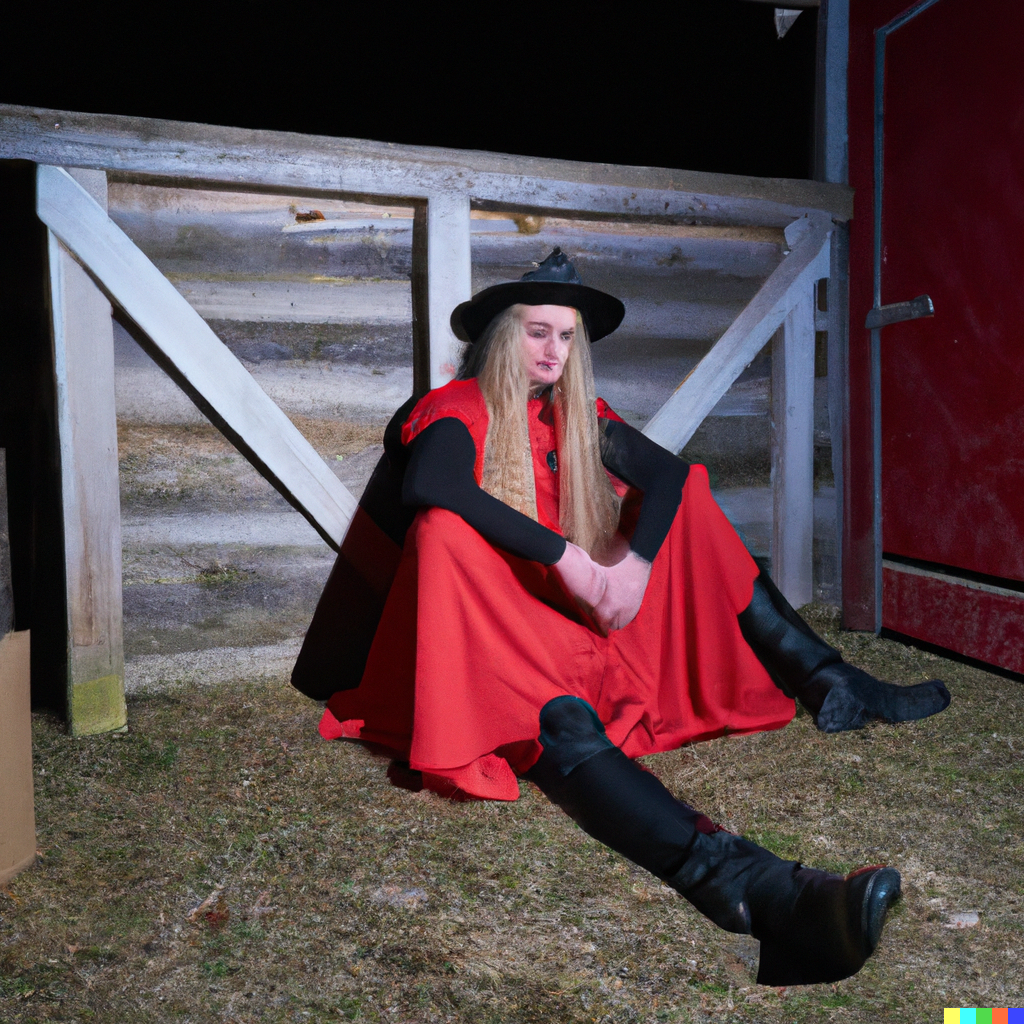 DALL·E 2023-01-28 19.24.41 - man in big red dress and long blond hair and black hat sitting on the stage of a country shed, at night, clubkids, realistic photo 4k.png