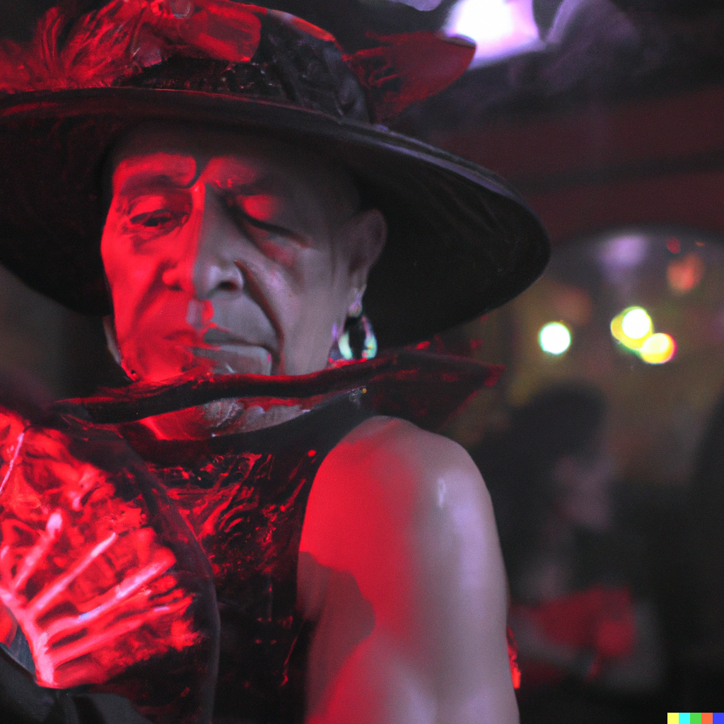 DALL·E 2023-01-28 19.38.00 - old latin gentleman in a red dress and black hat with a fan in his hand in a queer nightclub at night, 4k photo.png