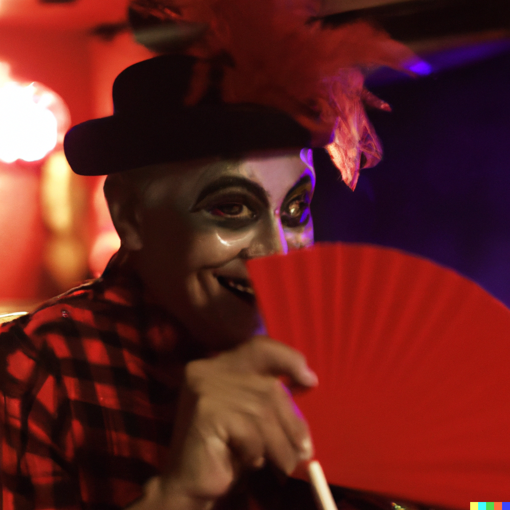 DALL·E 2023-01-28 19.39.11 - elderly latin man in a red dress and black hat made up as a clown with a fan in his hand in a queer nightclub at night, 4k photo.png