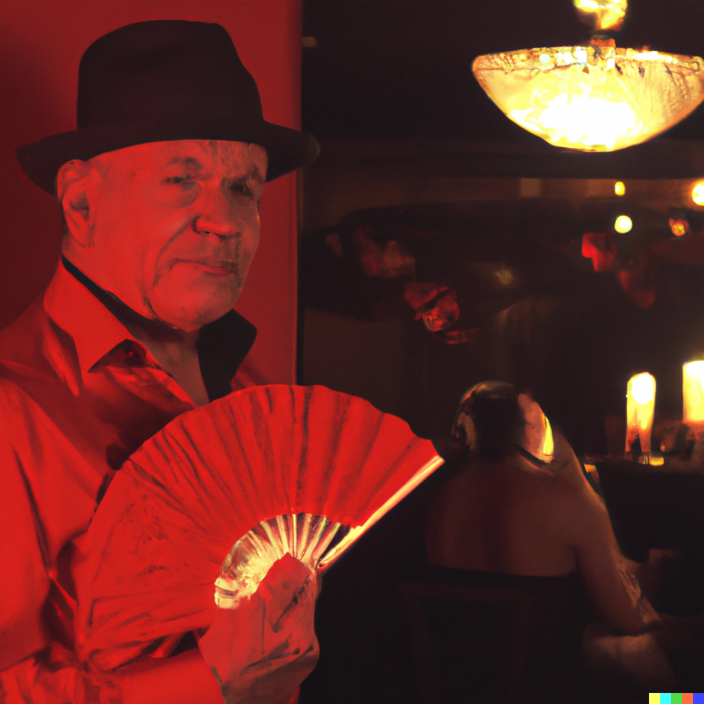 DALL·E 2023-01-28 19.37.49 - old latin gentleman in a red dress and black hat with a fan in his hand in a queer nightclub at night, 4k photo.png