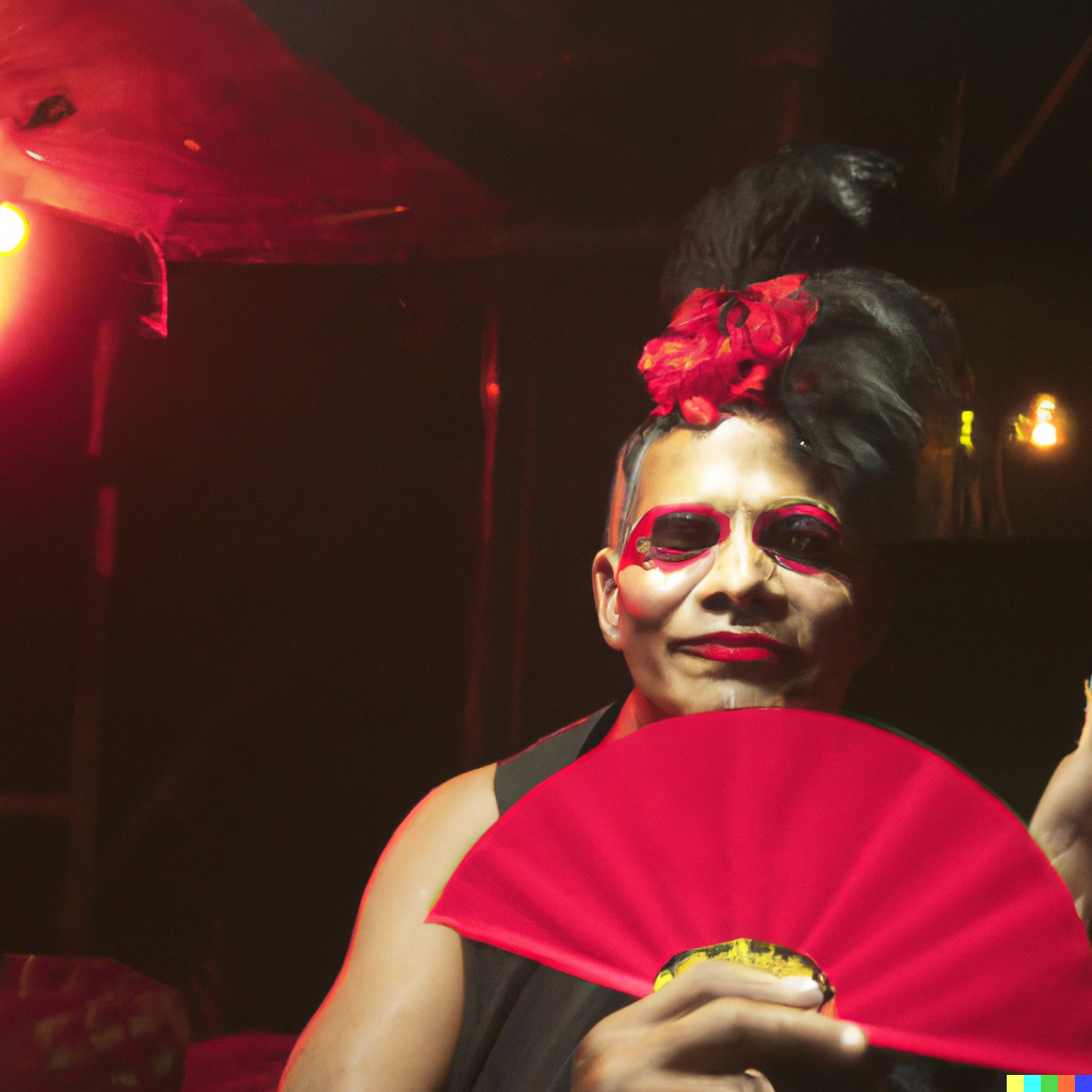 DALL·E 2023-01-28 19.39.09 - elderly latin man in a red dress and black hat made up as a clown with a fan in his hand in a queer nightclub at night, 4k photo.png