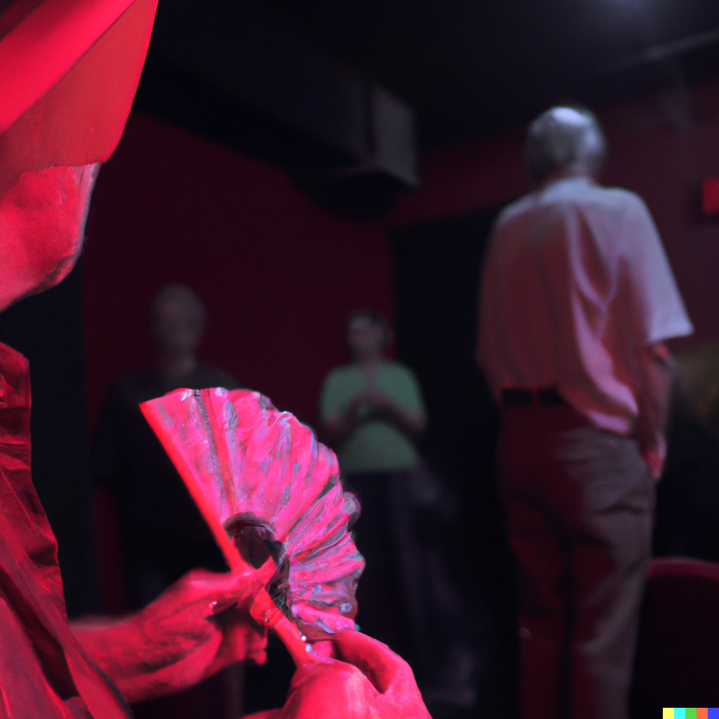 DALL·E 2023-01-28 19.36.42 - old man in a red dress and black hat with a fan in his hand in a queer nightclub at night, 4k photo.png