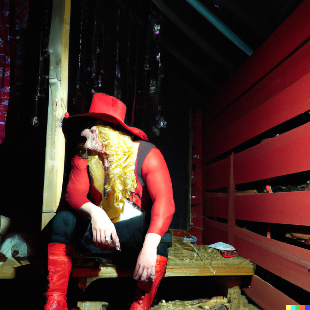 DALL·E 2023-01-28 19.24.31 - man in big red dress and long blond hair and black hat sitting on the stage of a country shed, at night, clubkids, realistic photo 4k.png