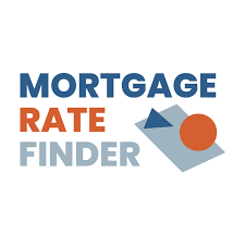 Graphic with the words "Mortgage Rate Finder" in blue, orange, and gray text, with an arrow and circle icon.