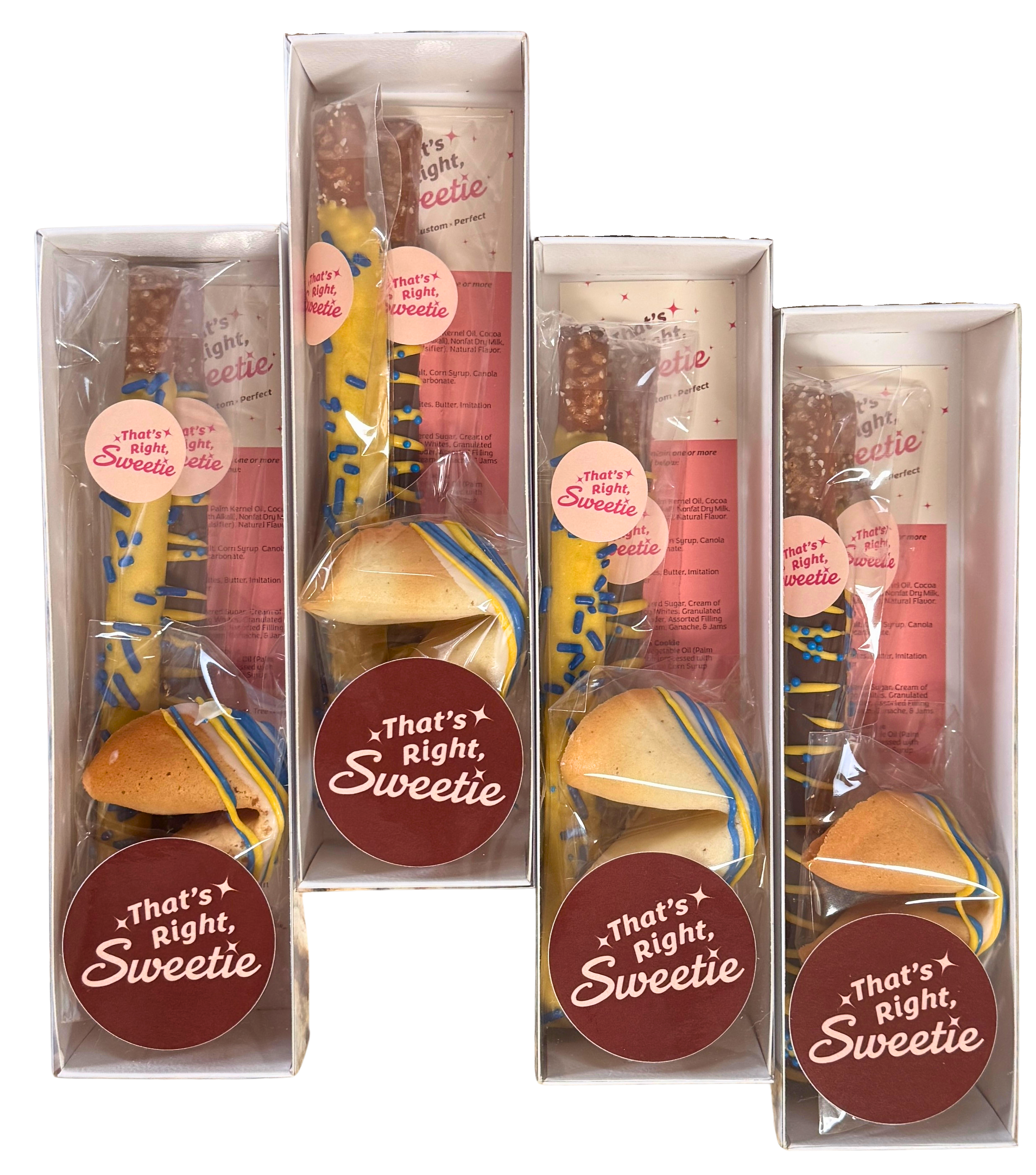 Boxes of chocolate-covered pretzels with yellow and blue sprinkles, secured in clear plastic wrapping, with round stickers reading 'That's Right, Sweetie' on the packaging.