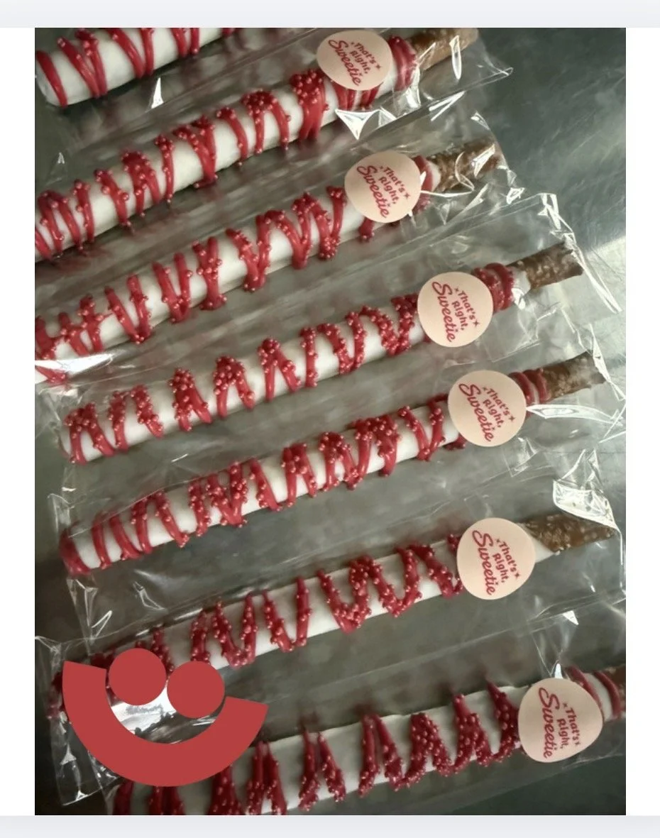 Five peppermint candy canes with red drizzle and red sugar beads, each labeled with a sticker reading "Thank a Light Sweeeep."