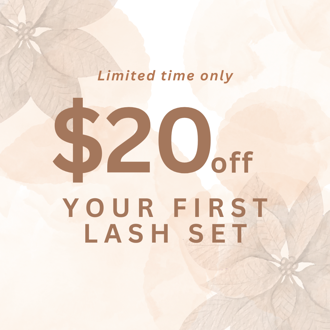 A promotional image offering $20 off on your first eyelash extension set, available for a limited time.