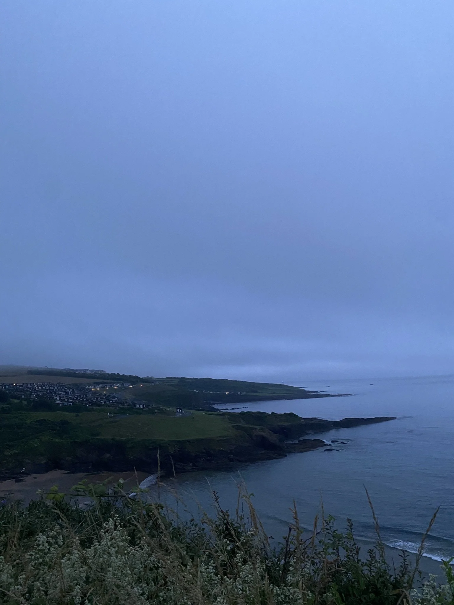 A coastal landscape during dusk with rolling green hills, rocky shoreline, and a calm ocean under a cloudy sky.