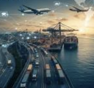 A busy highway runs along a waterfront with cars and trucks, a cargo ship docked nearby, and airplanes flying over a bridge during sunset.