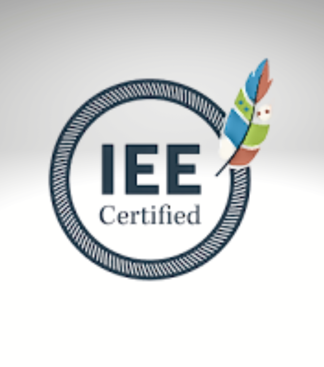 IEE Certified logo featuring a circular badge with a colorful feather on the right side.