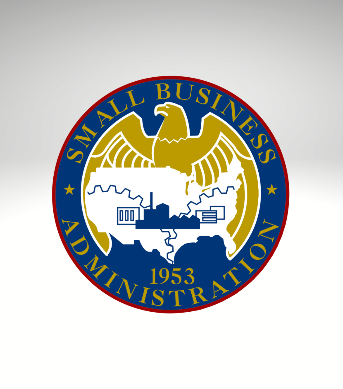 Seal of the Small Business Administration featuring a stylized eagle, a map outline, and the words "Small Business Administration" and "1953".