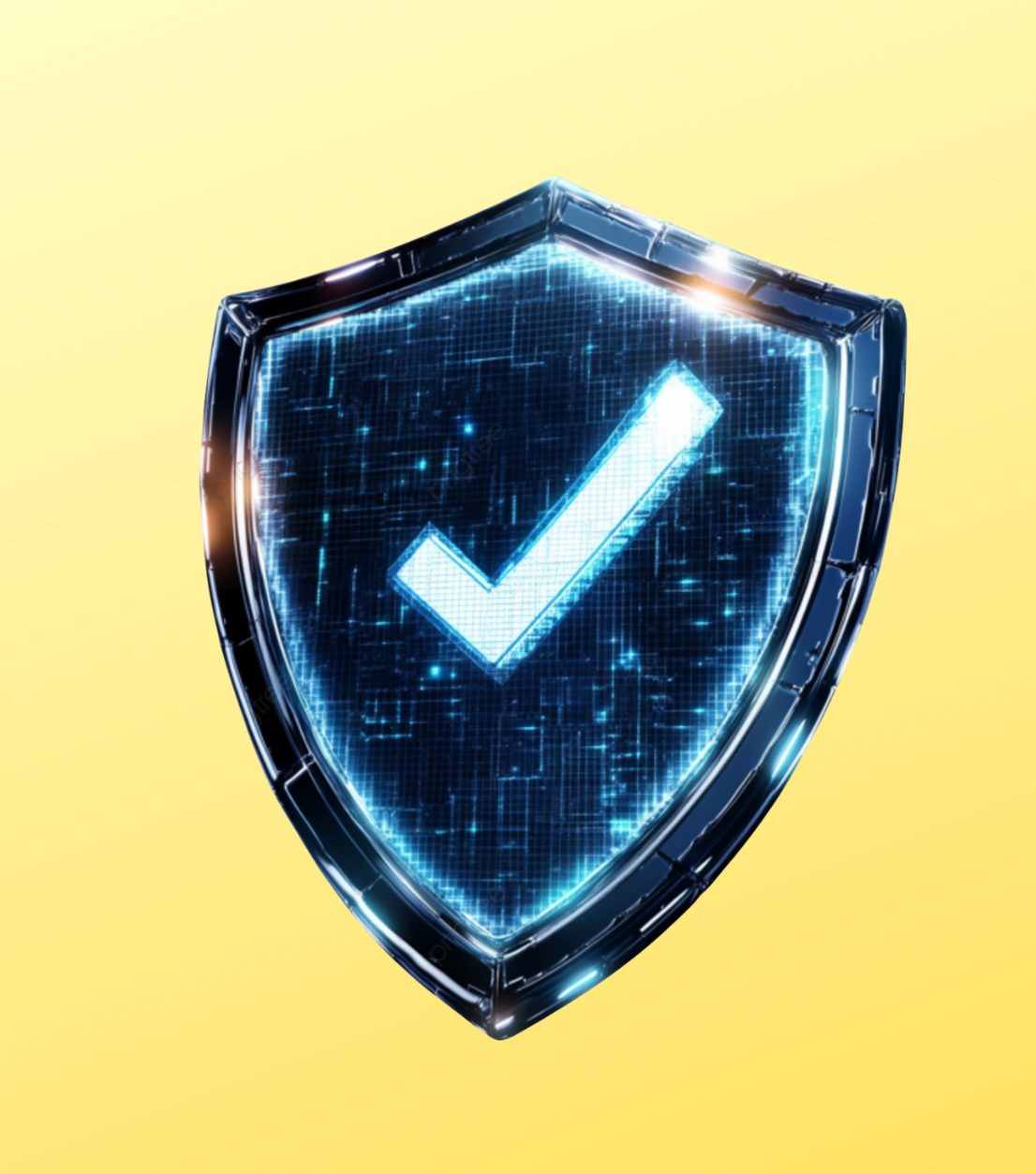 Digital shield with a checkmark symbol, representing security or protection, set against a yellow background.
