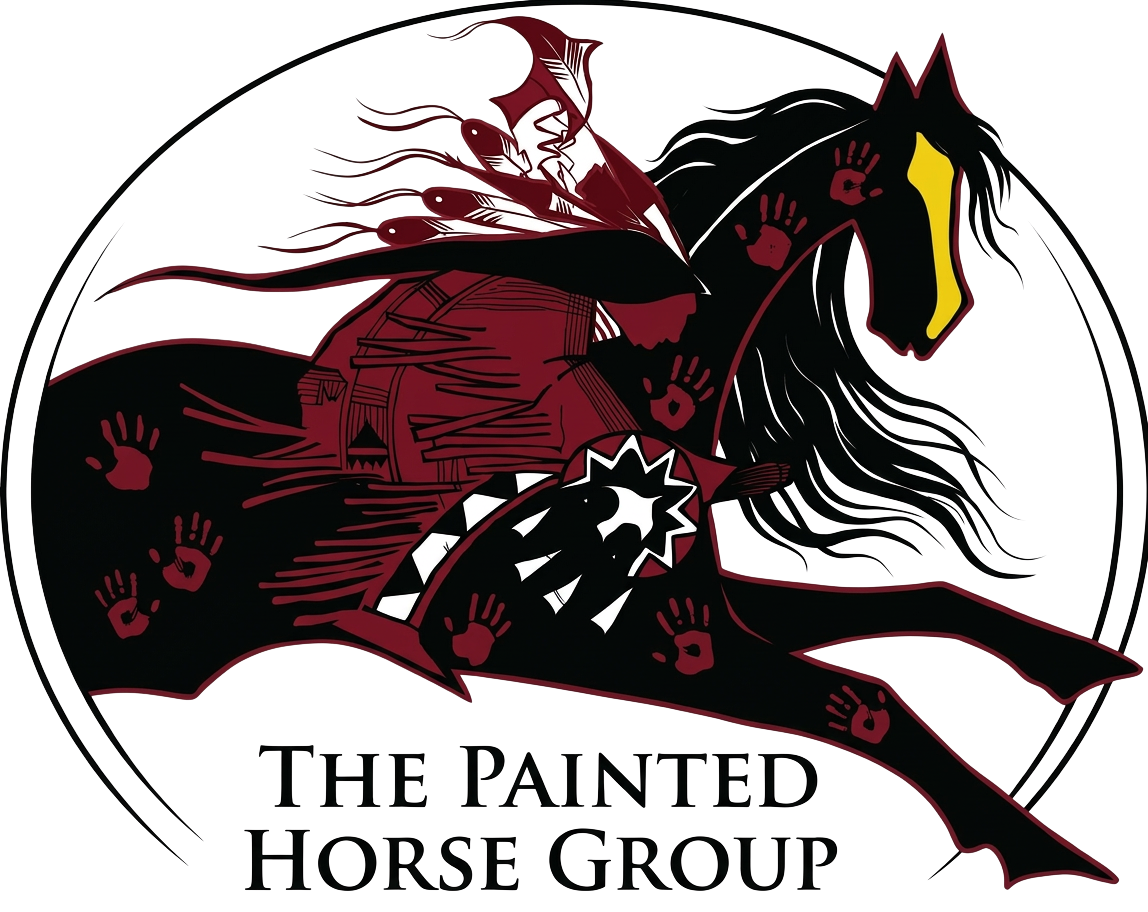A stylized black horse with a yellow outline on its face, decorated with red handprints and a star, with a figure riding on its back. The figure has long hair, a feathered headdress, and a colorful outfit. The text below reads "The Painted Horse Group."