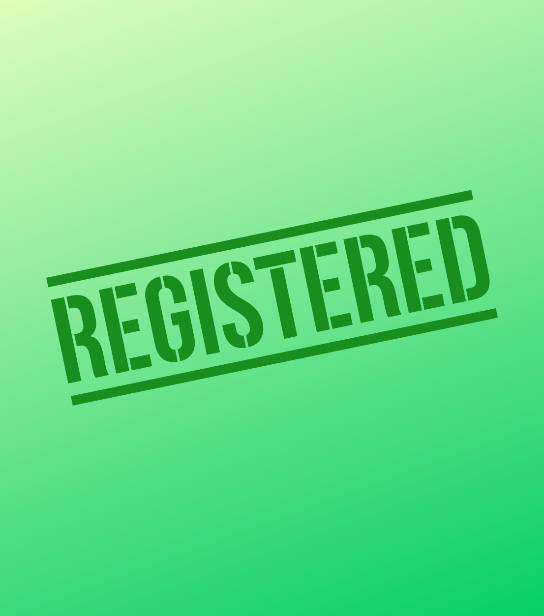 Green gradient background with a large, bold, green "REGISTERED" stamp diagonally across the image.