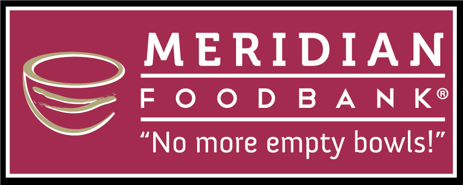Meridian Food Bank logo featuring a bowl and the slogan 'No more empty bowls!' on a maroon background.