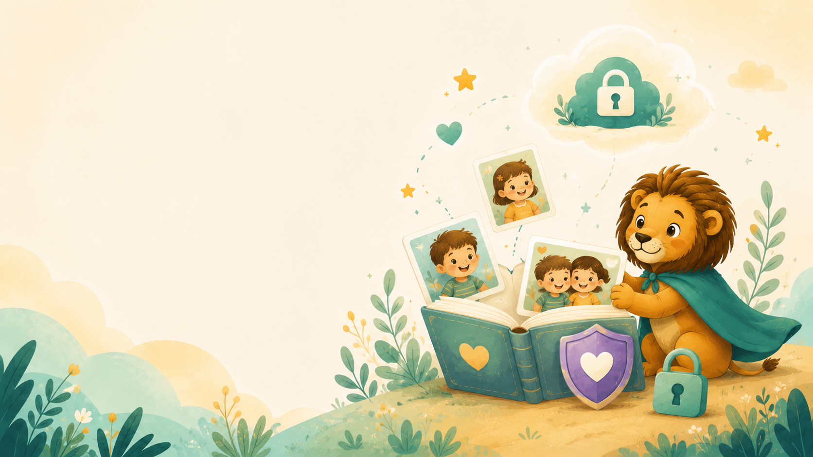 Lion mAIn superhero mascot surrounded by children's photos, illustrating how AI creates personalised visual stories and social stories for every child