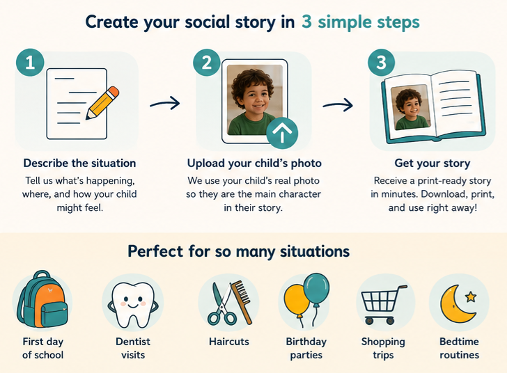 A graphic infographic showing three steps to create a social story: 1) describe the situation, 2) upload child's photo, 3) receive the story. It includes icons of a paper with a pencil, a child's photo with an upload arrow, and an open book with a child's photo. The infographic also suggests situations like first day of school, dentist visits, haircuts, birthday parties, shopping trips, and bedtime routines.