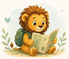 Cartoon Lion looking at map