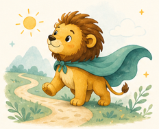 Cartoon lion wearing a cape and going on an adventure