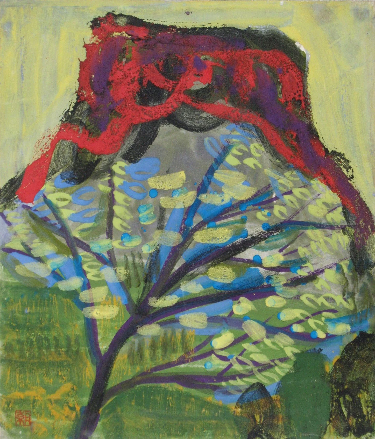 Mountain and Trees — 1969 — Mineral pigments on Japanese paper panel — 53 × 45.5 cm