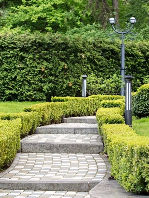 Curved stone pathway with small square tiles, surrounded by green hedges and a lamppost in a garden or park setting.
