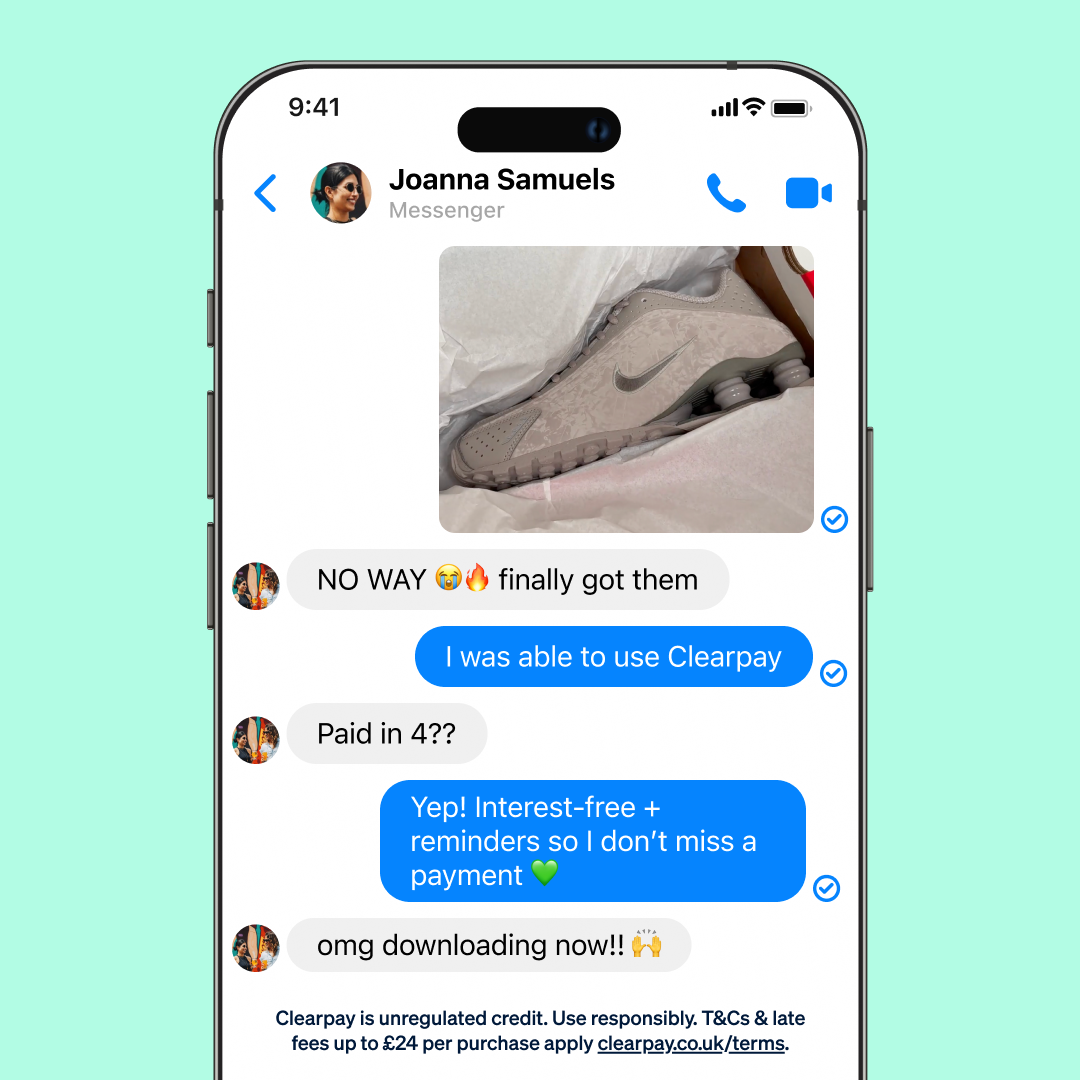 A smartphone screen showing a Messenger chat conversation between two people, with an image of a gray Nike sneaker inside a box. The chat includes enthusiastic messages about purchasing shoes, with the sneaker image as the shared photo.
