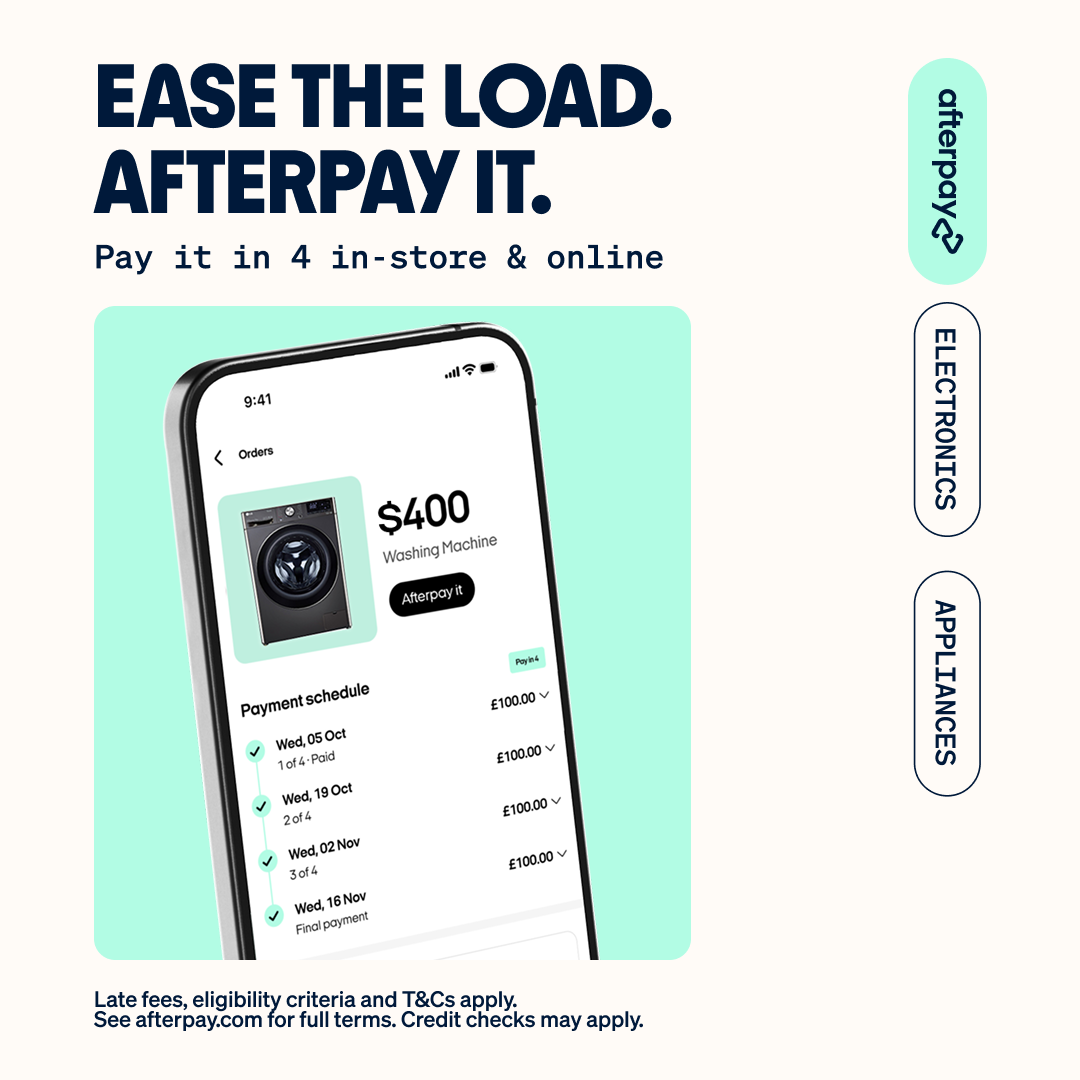 Promotional graphic for Afterpay, showing a mobile phone with a payment schedule for a $400 washing machine, indicating payment in four installments; includes text "Ease the load. Afterpay it." and options for electronics and applications.