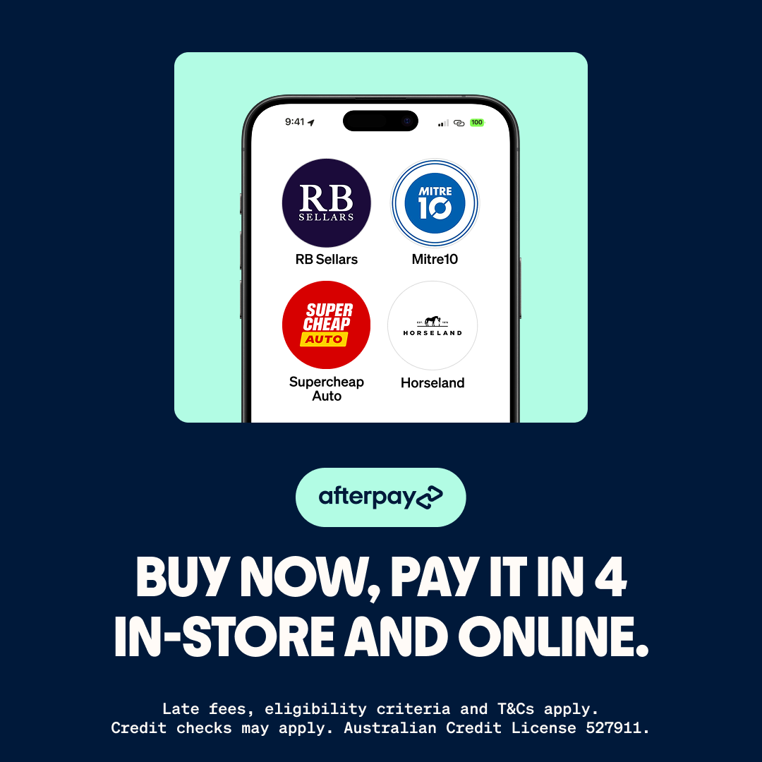 Mobile phone screen displaying four logos: RB Sellars, Mitre 10, Supercheap Auto, and Horseland, with a promotional message for Afterpay to buy now and pay in four, with terms and conditions at the bottom.