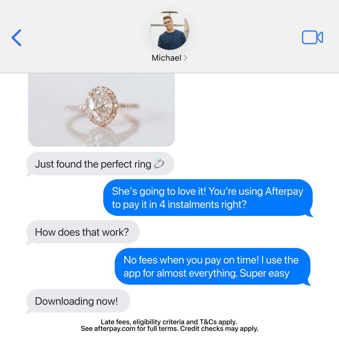 Text message conversation about buying a ring, with images of the ring, and app icons.