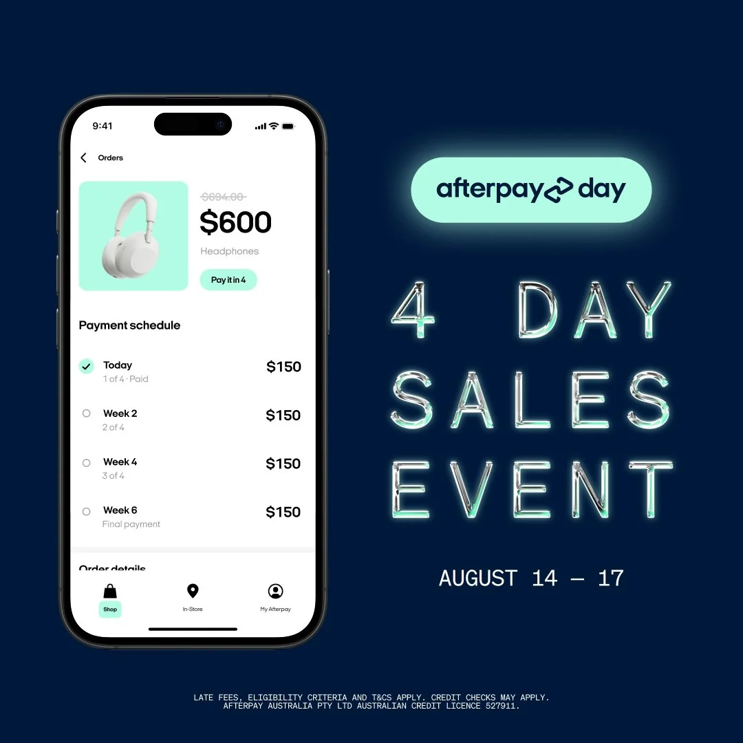 A smartphone screen displaying an order for headphones costing $600, with a payment schedule. Next to the phone, a graphic promotes an afterpay day event with 4-day sales event from August 14 to 17.