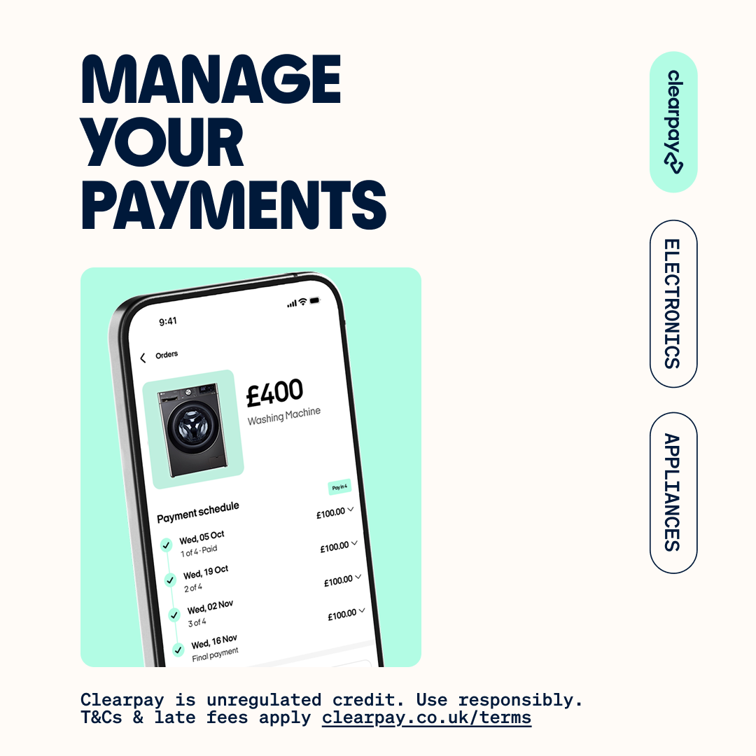A digital advertisement for Clearpay showing a cell phone screen with an online payment schedule for a washing machine priced at £400, including payment dates and amounts.