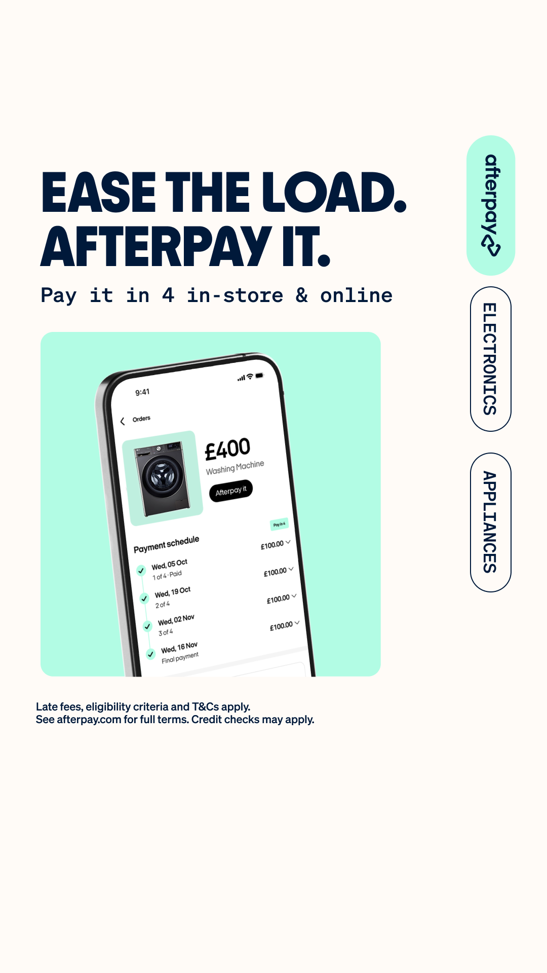 Advertisement for Afterpay, a payment service, showing a mobile phone screen with an online order of a washing machine priced at £400, with four installment payments of £100 each scheduled between October and November.